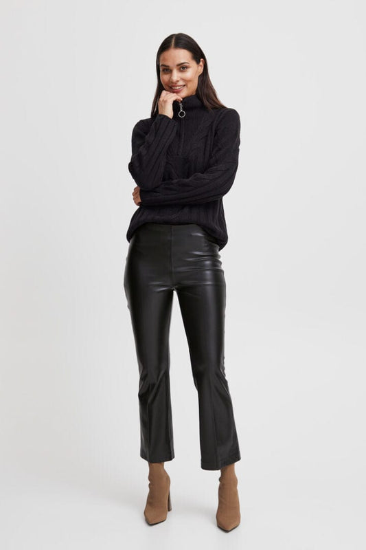 Black Faux Leather Cropped Flare Trousers
