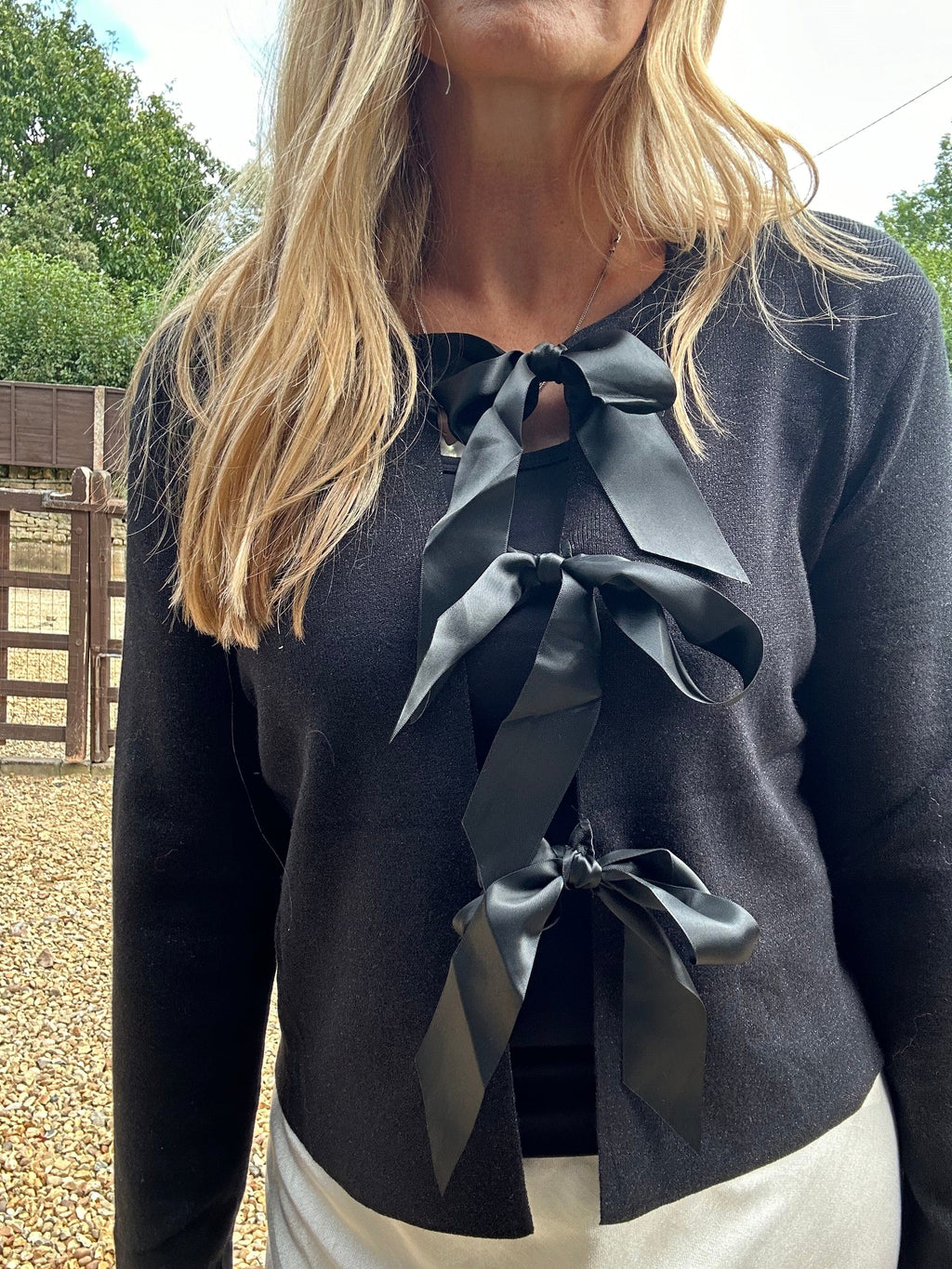 Lurex and Satin Bow Cardigan - Champagne