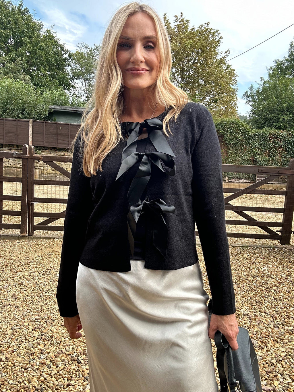 Lurex and Satin Bow Cardigan - Champagne