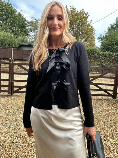 Lurex and Satin Bow Cardigan - champagne