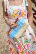 Straw Clutch Bag With  Blue Pom Poms