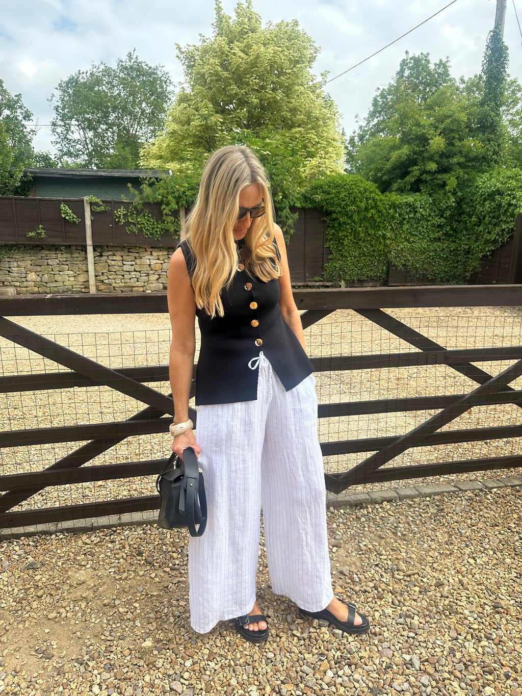 Wide Leg Linen Pinstripe Trousers