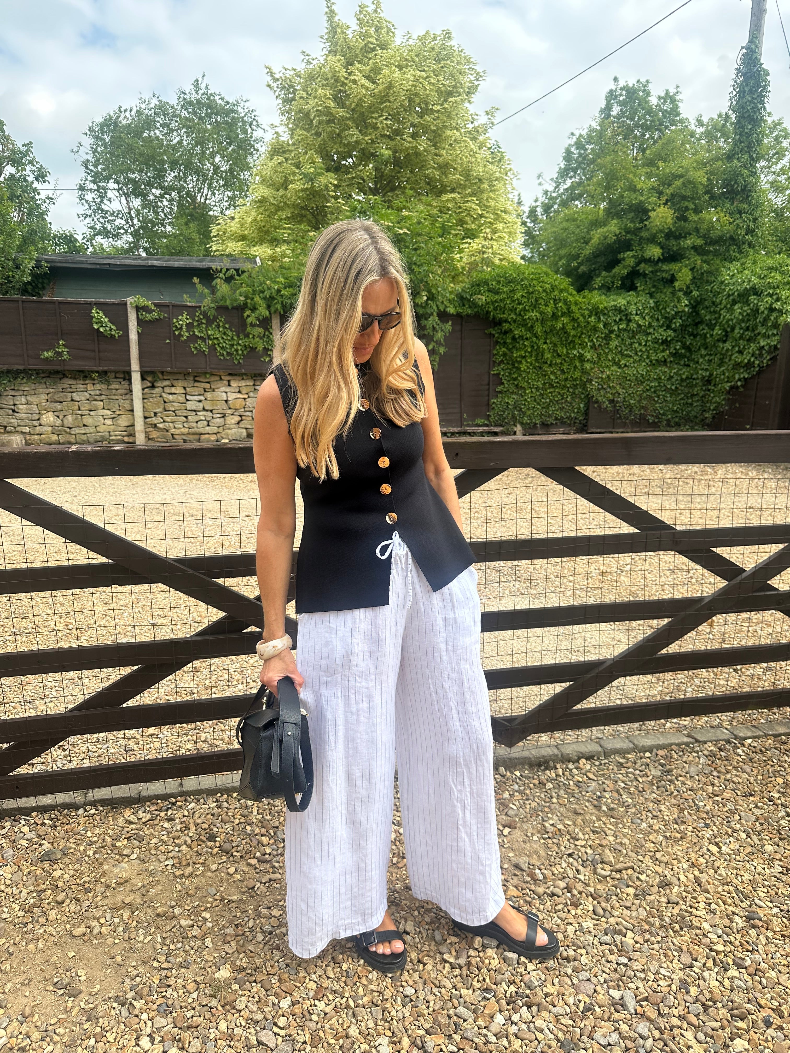 Wide Leg Linen Pinstripe Trousers