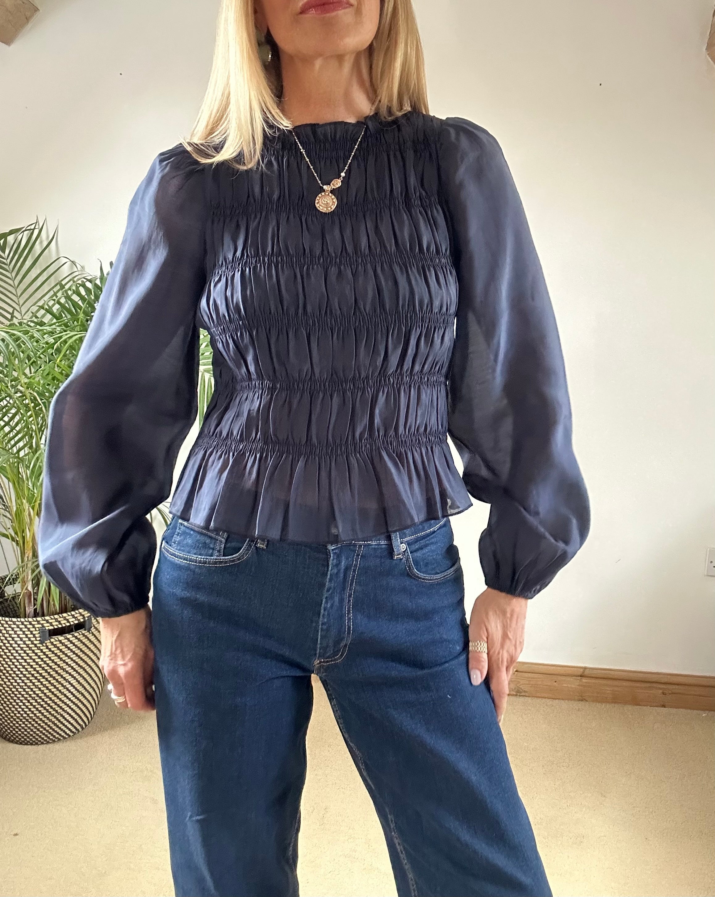 Navy Smocked Blouse With Sheer Sleeves