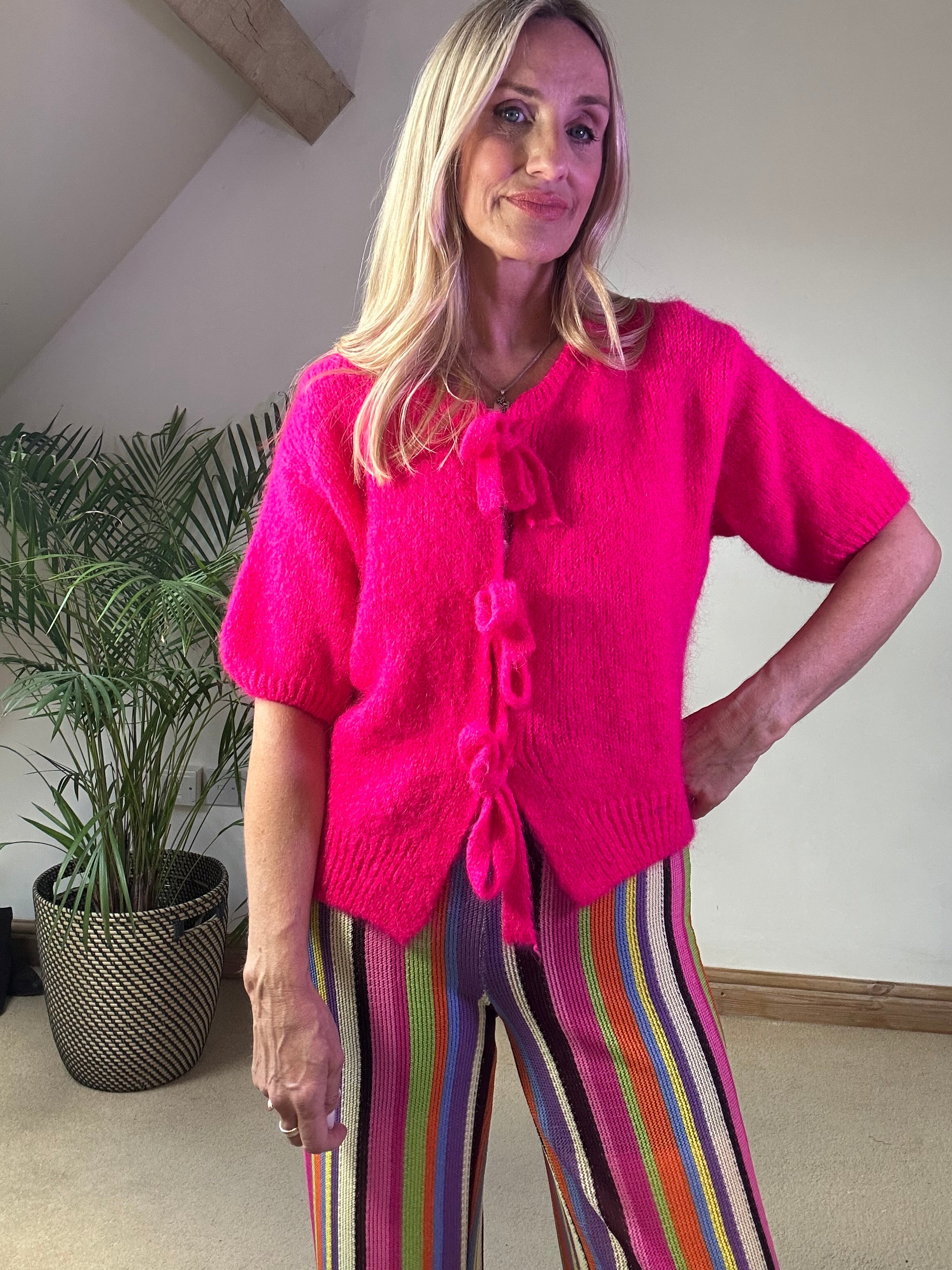 Tie Front Mohair Short Sleeve Cardigan