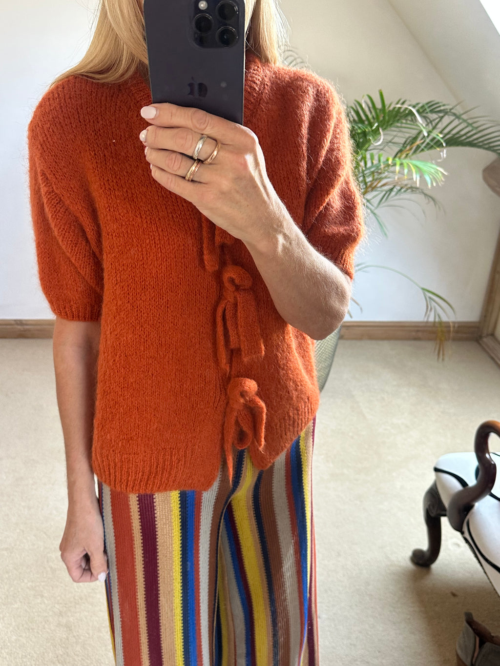 Tie Front Mohair Short Sleeve Cardigan