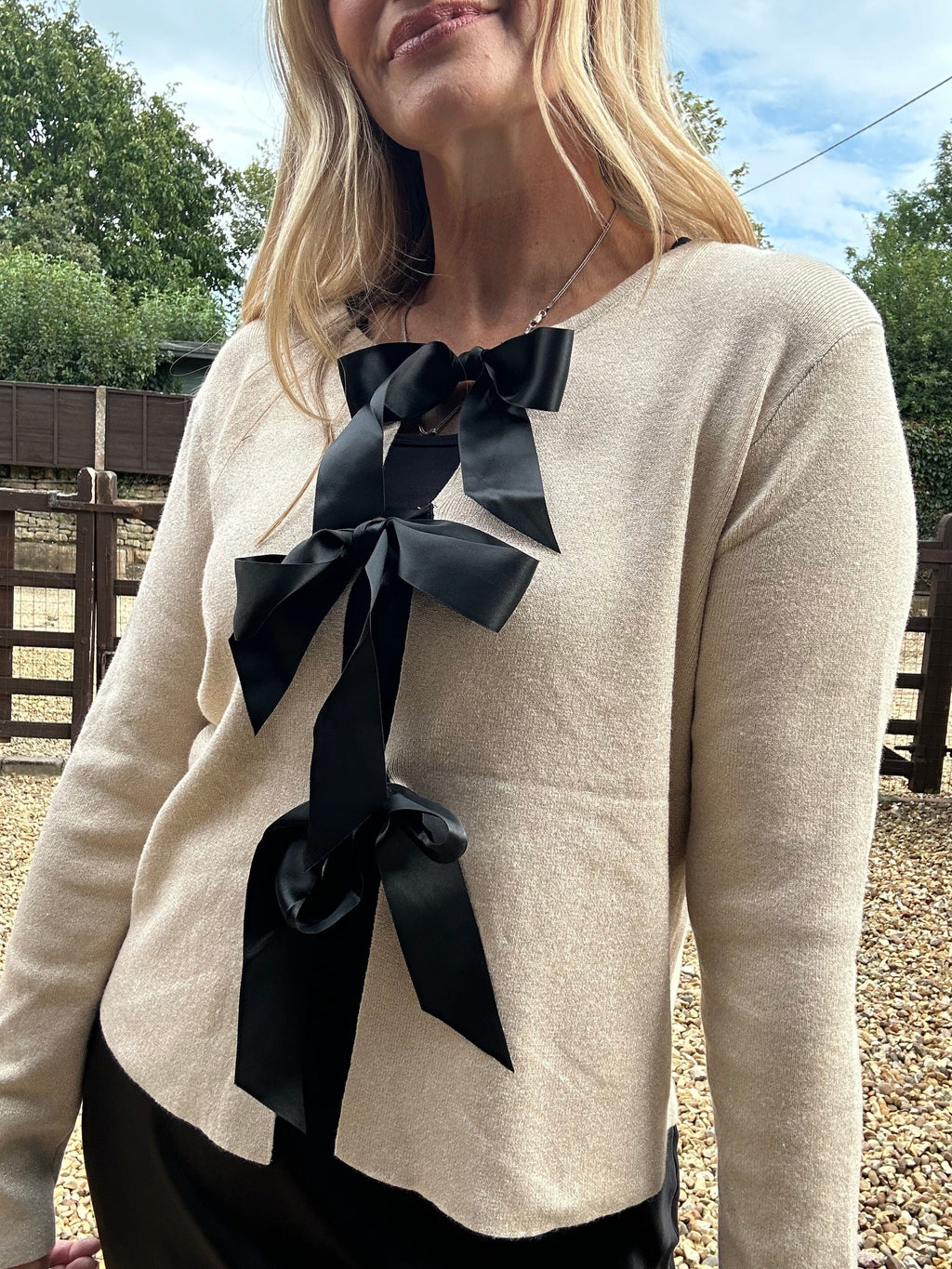 Lurex and Satin Bow Cardigan - Champagne