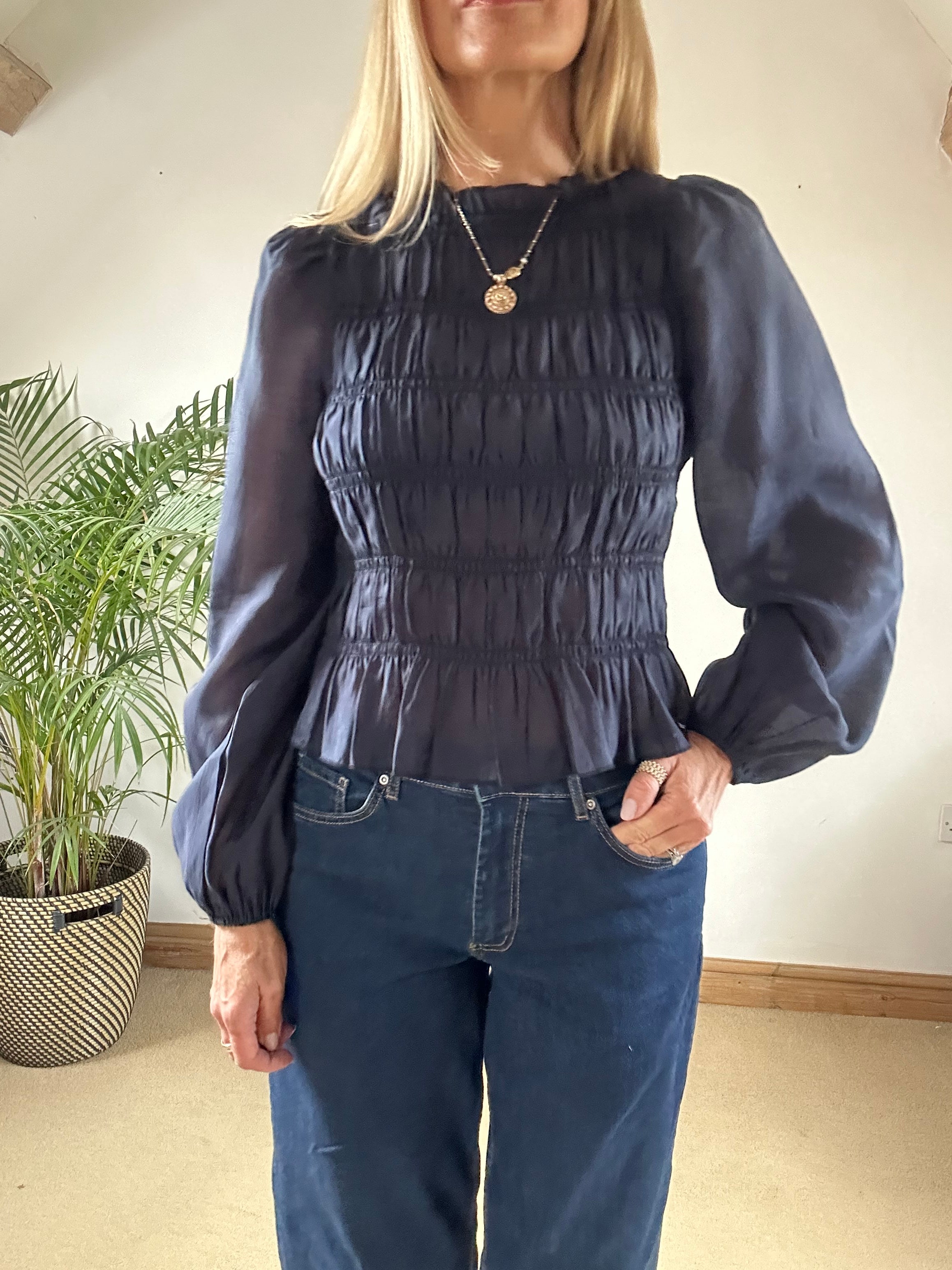 Navy Smocked Blouse With Sheer Sleeves