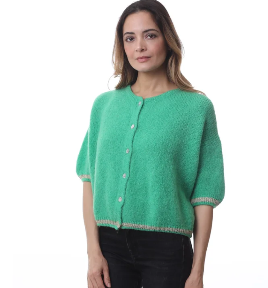 Short Sleeve Mohair Cardigan With Gold Lurex Details