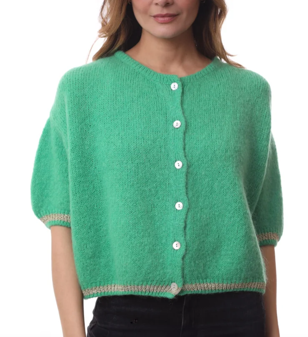 Short Sleeve Mohair Cardigan With Gold Lurex Details