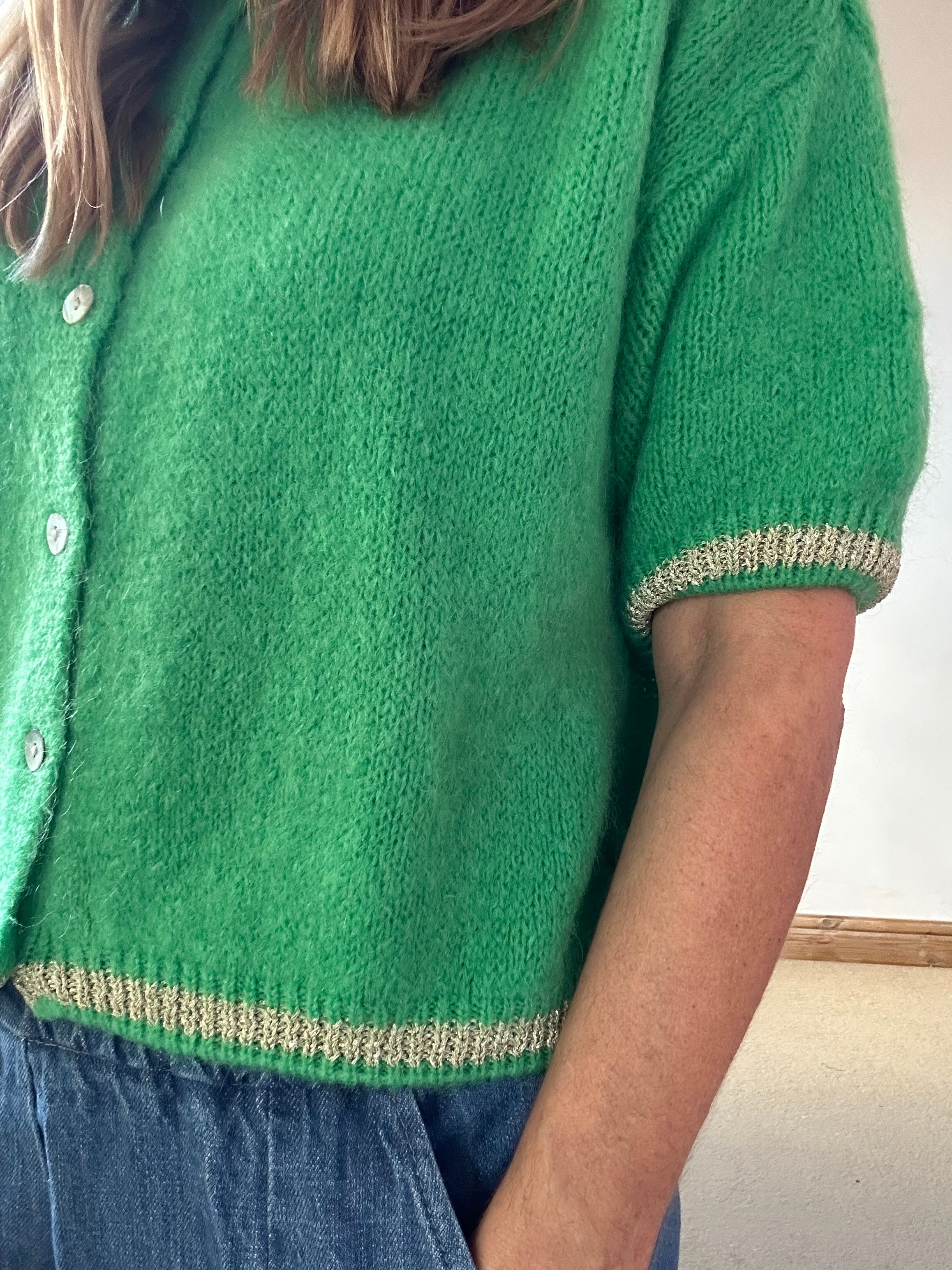 Short Sleeve Mohair Cardigan With Gold Lurex Details