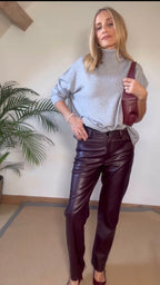 Burgundy Faux leather Straight Leg Trousers