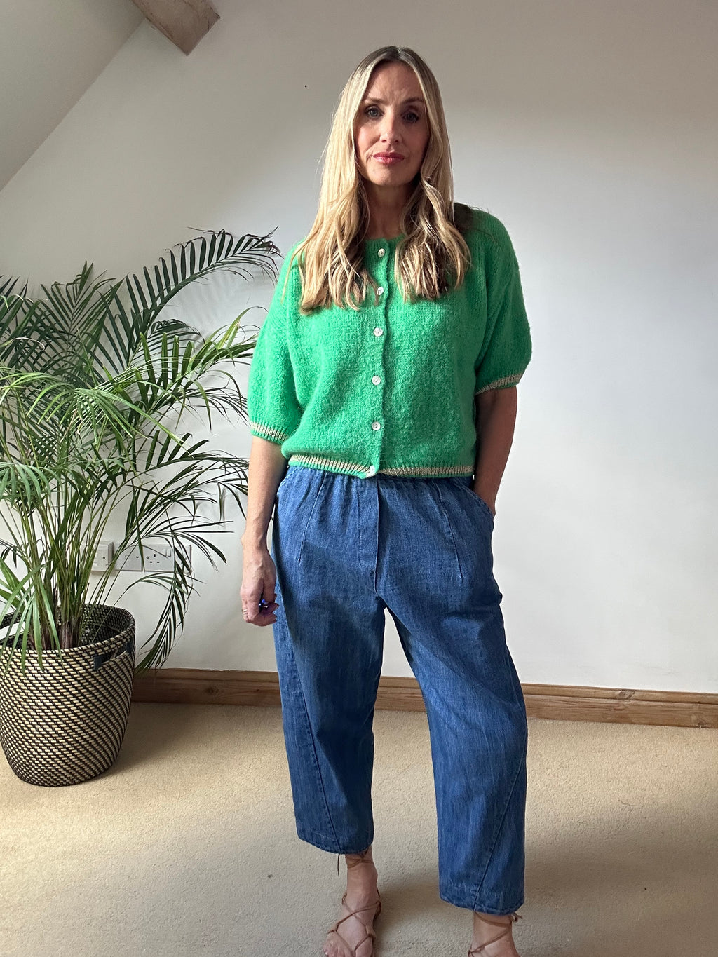 Short Sleeve Mohair Cardigan With Gold Lurex Details