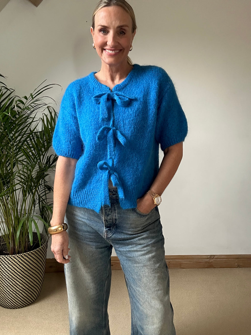 Tie Front Mohair Short Sleeve Cardigan