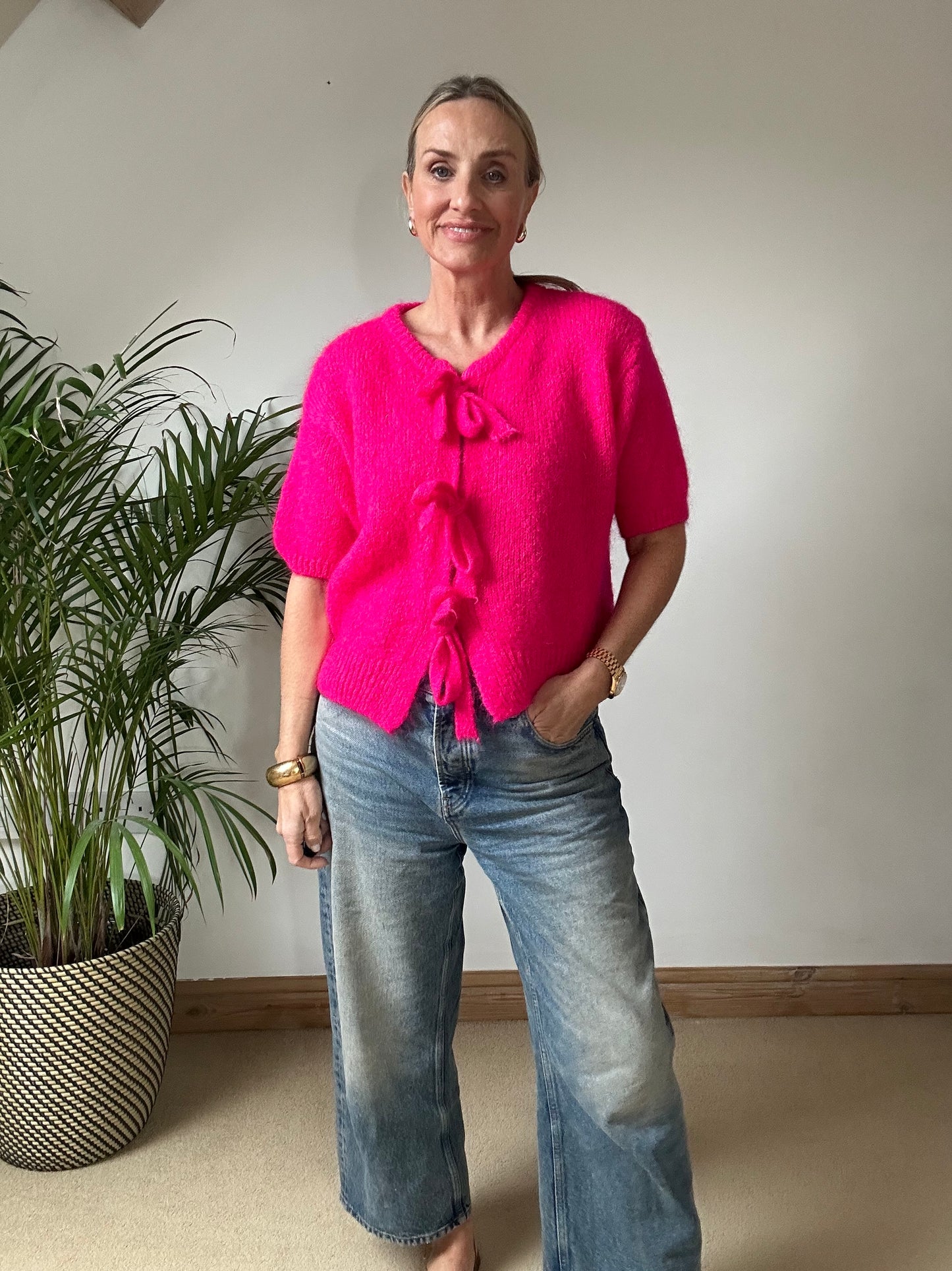 Tie Front Mohair Short Sleeve Cardigan