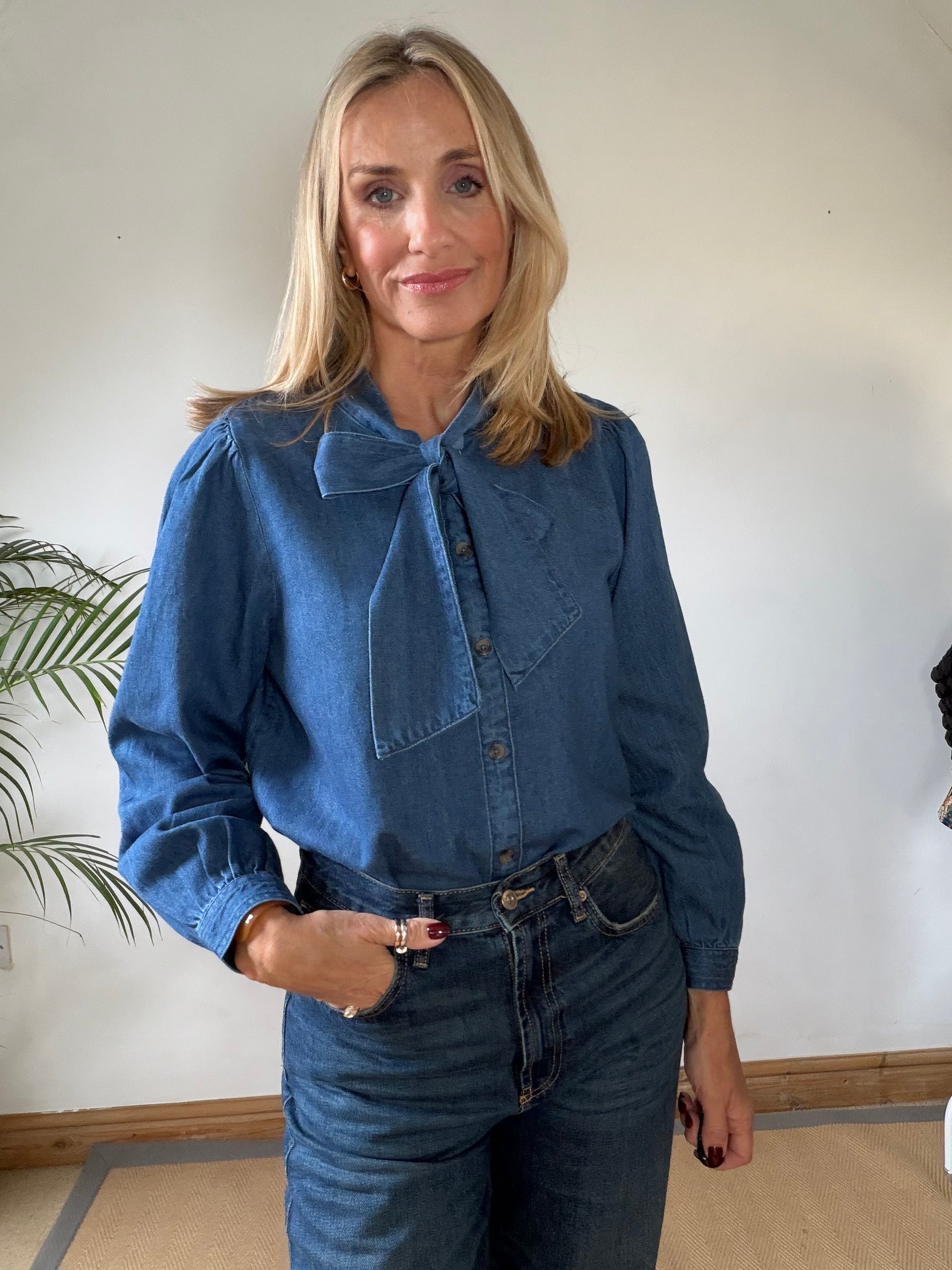 Pussy Bow Denim Blouse