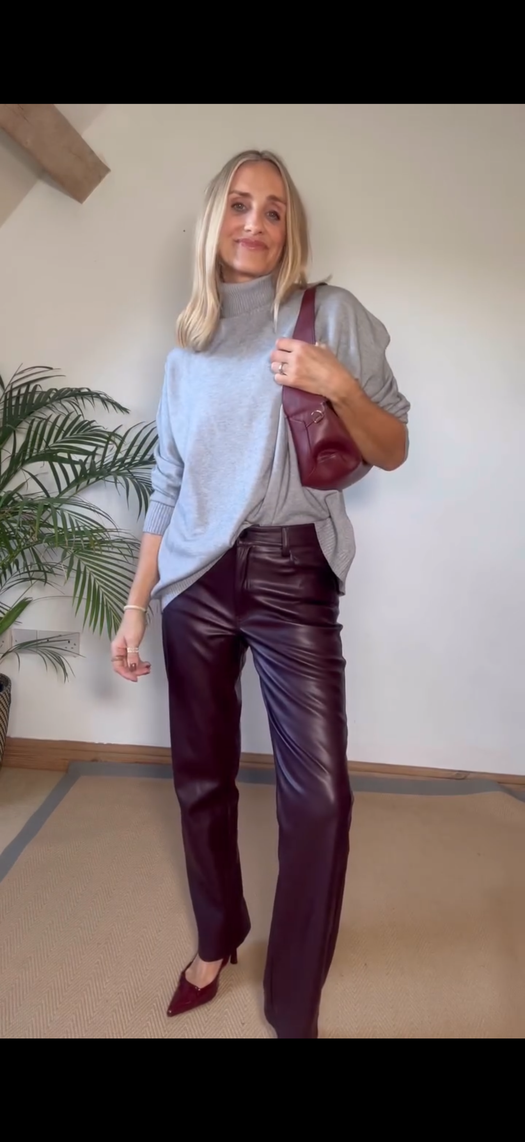 Burgundy Faux leather Straight Leg Trousers