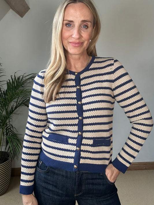 Navy Stripe Cropped Cardigan