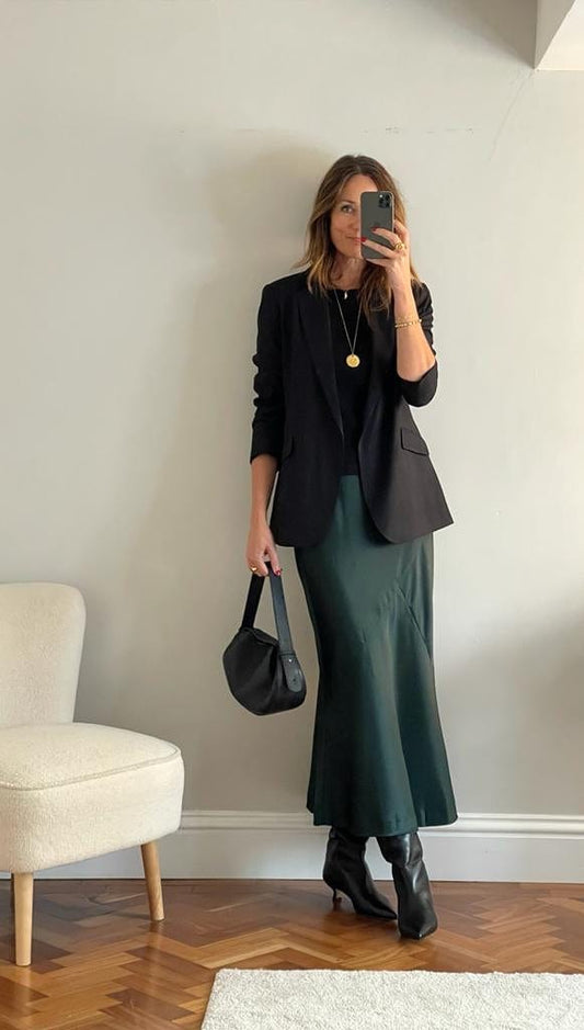 Longer length Satin Slip Skirt - Scarab Green