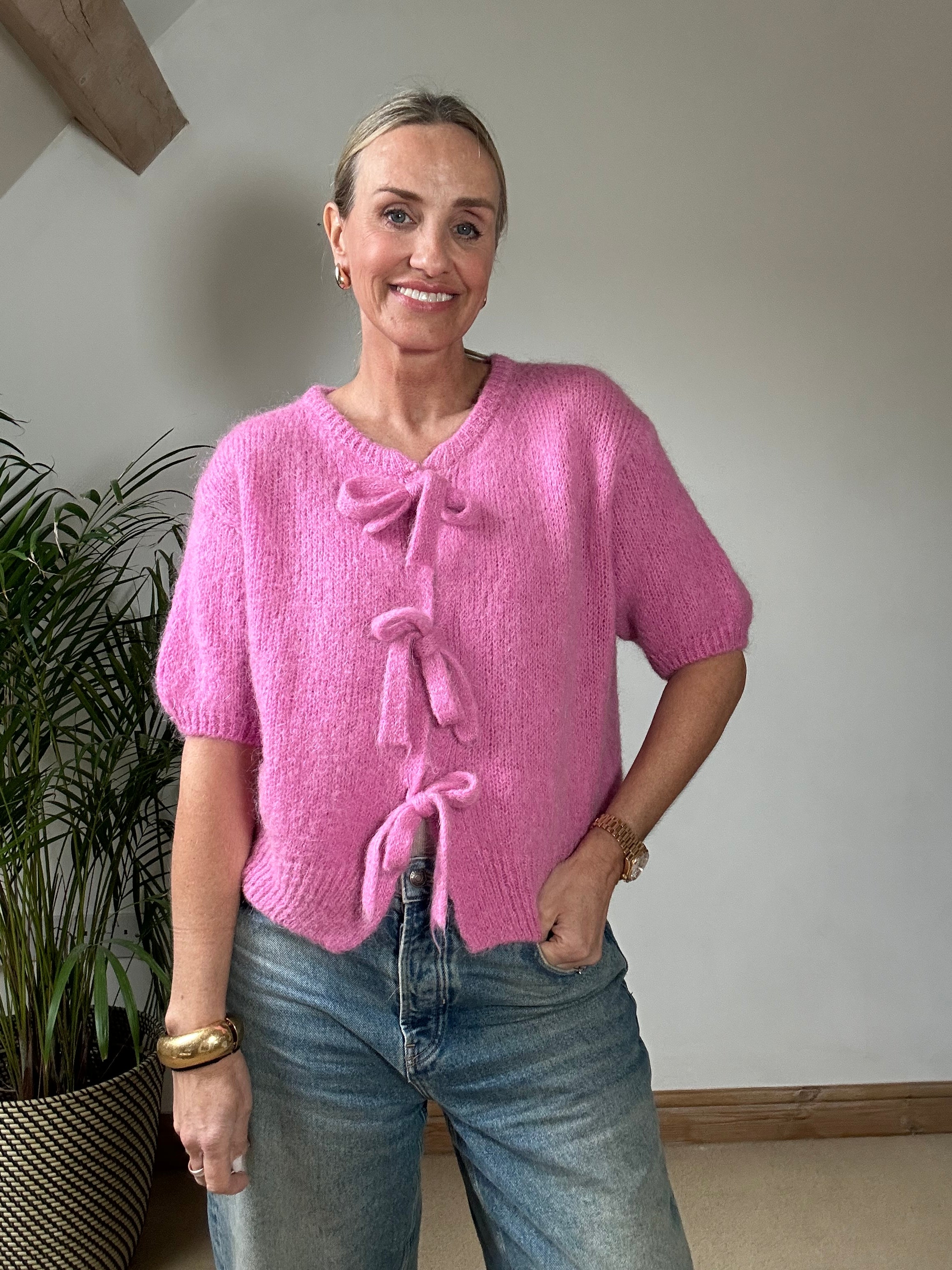 Tie Front Mohair Short Sleeve Cardigan