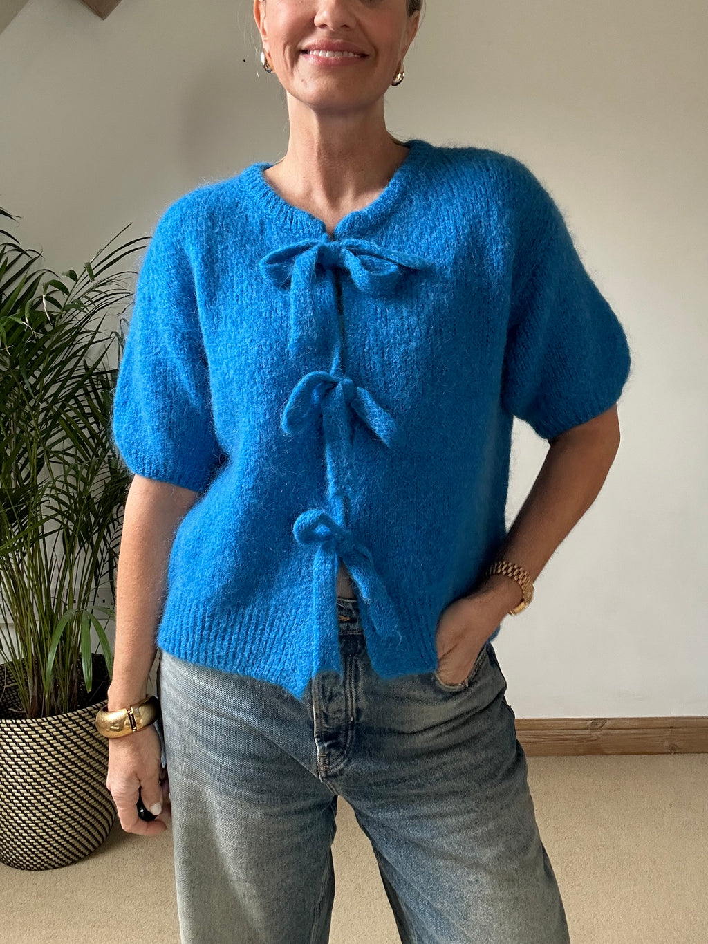 Tie Front Mohair Short Sleeve Cardigan