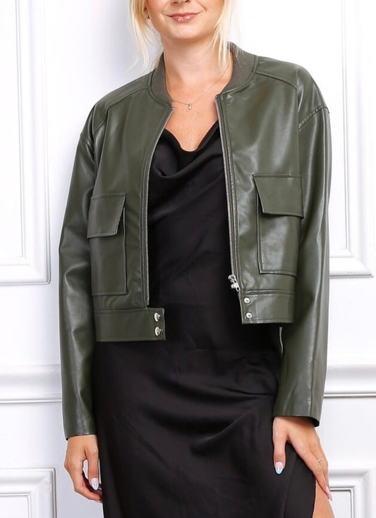 Faux Leather Cropped Bomber