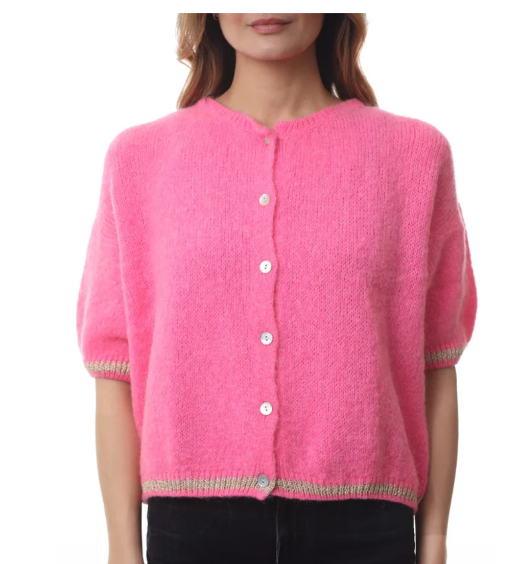 Short Sleeve Mohair Cardigan With Gold Lurex Details