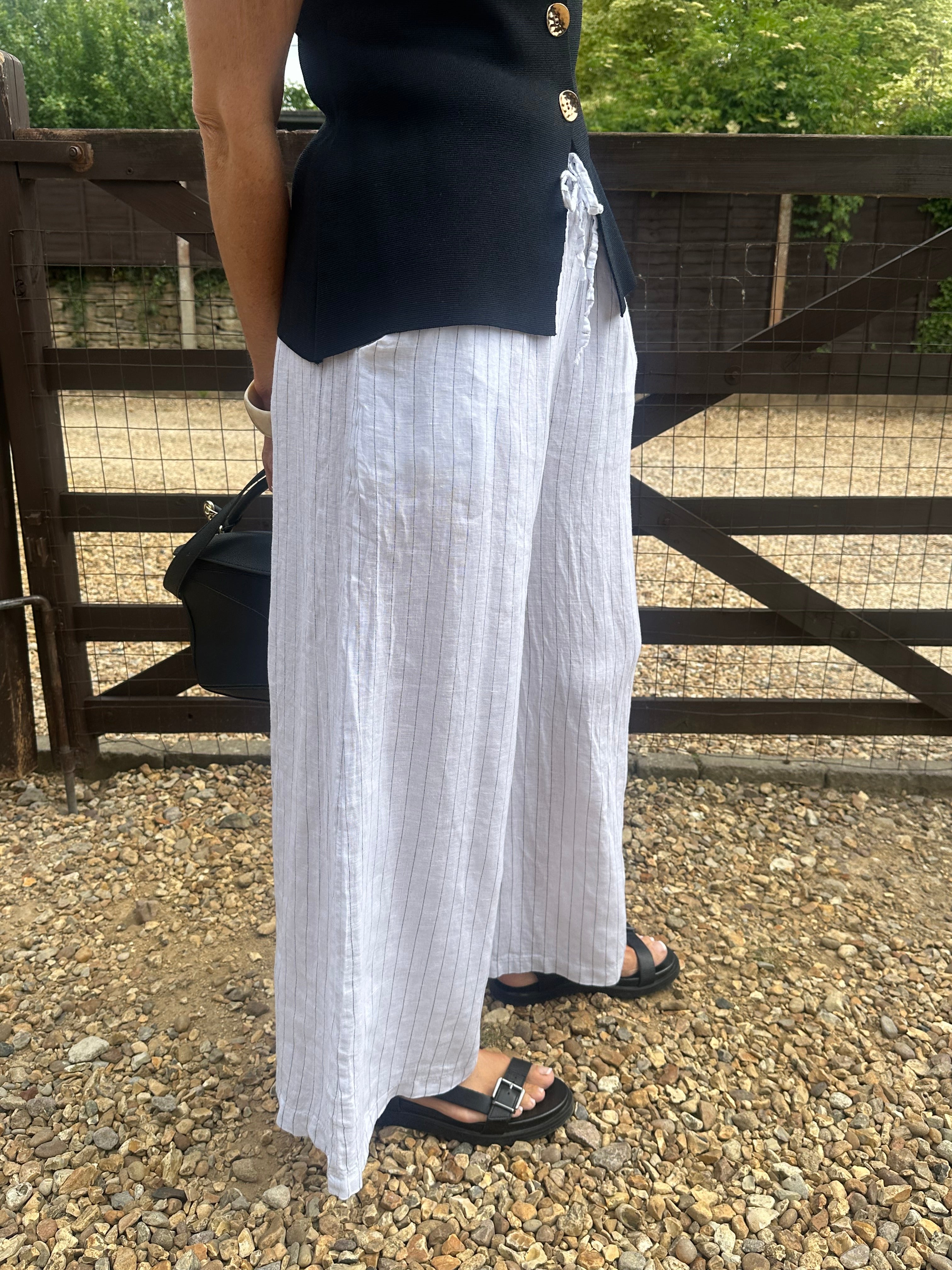 Wide Leg Linen Pinstripe Trousers