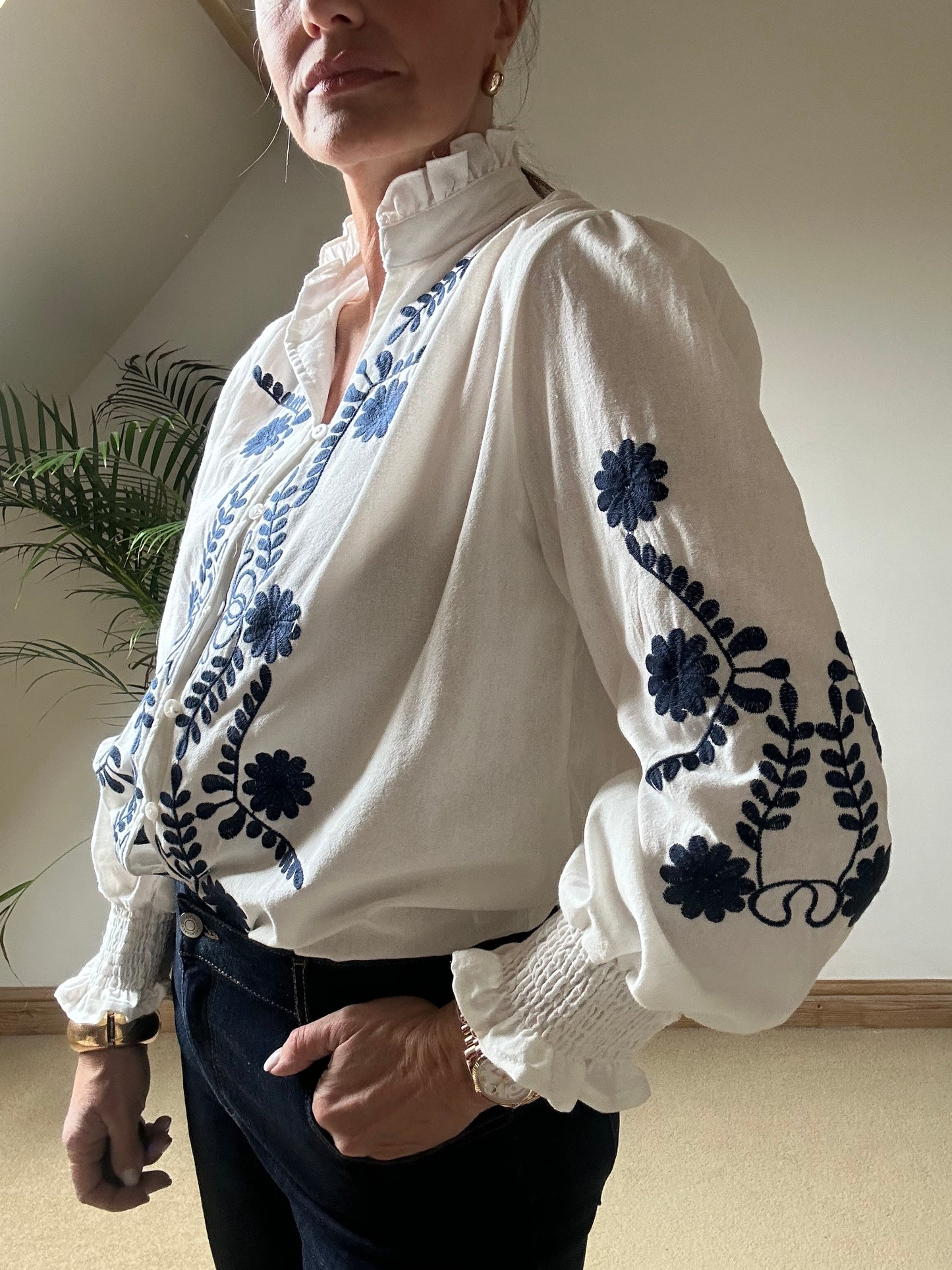 Blouse With Navy Embroidery