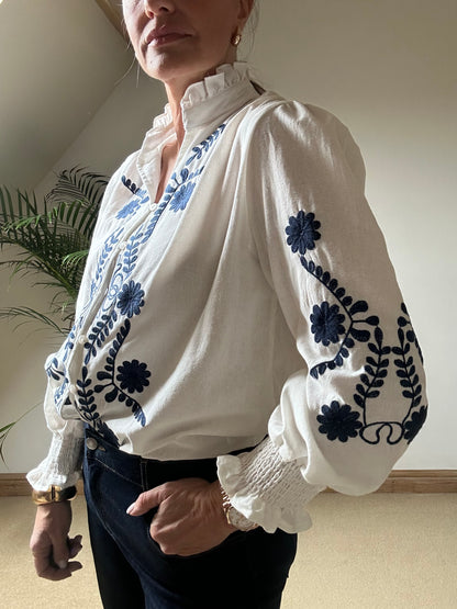 Blouse With Navy Embroidery