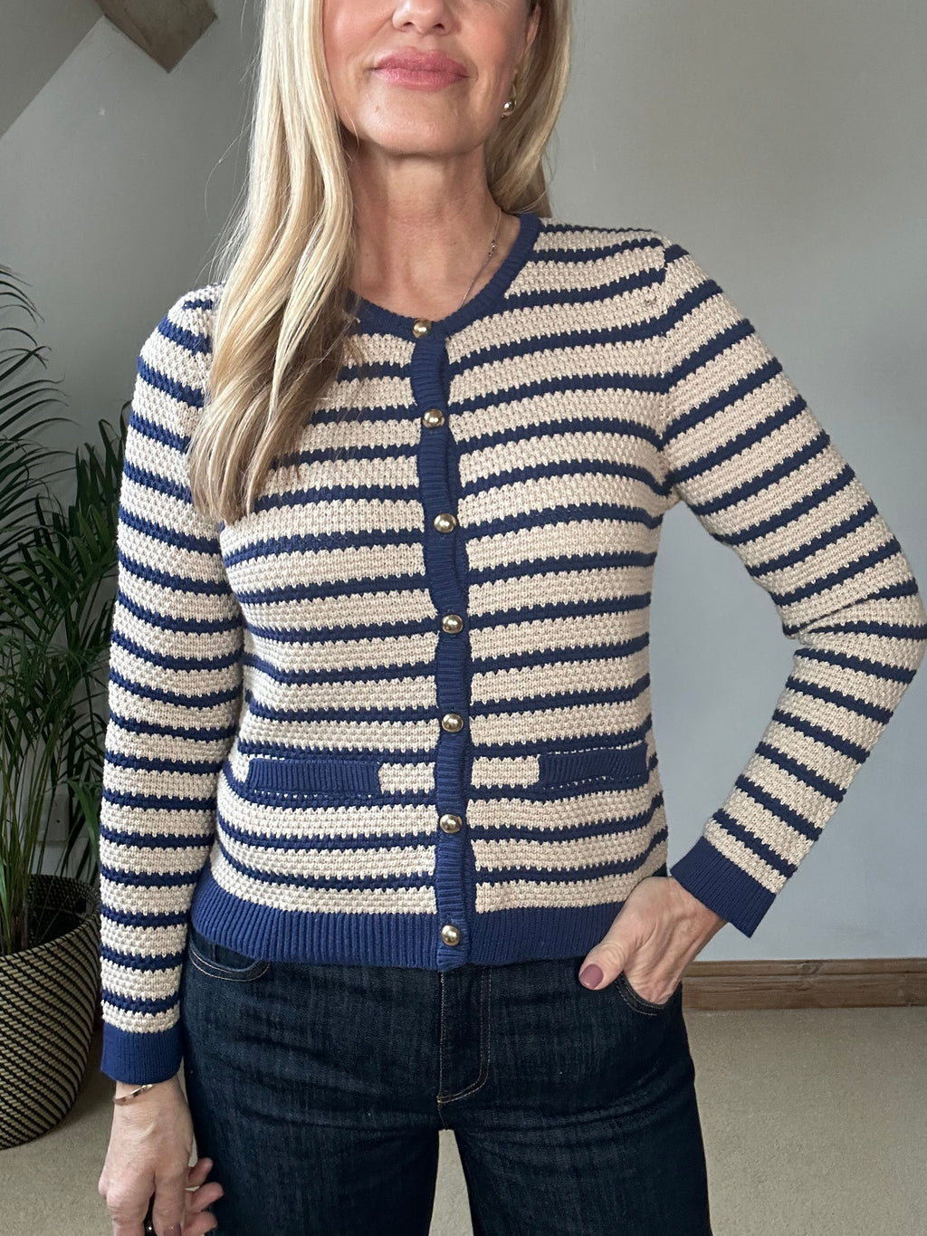 Navy Stripe Cropped Cardigan