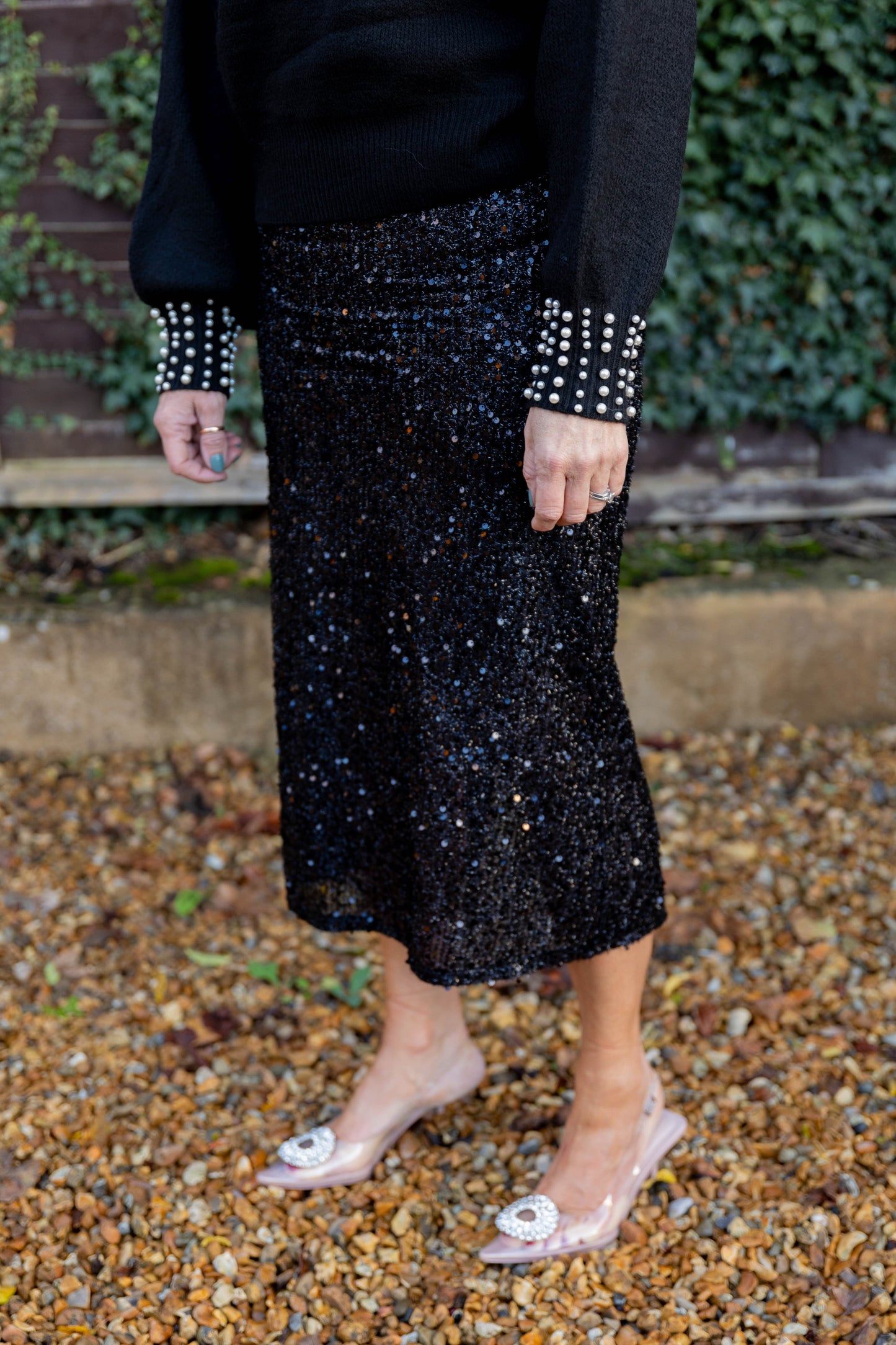 Sequin Pencil Skirt - Black