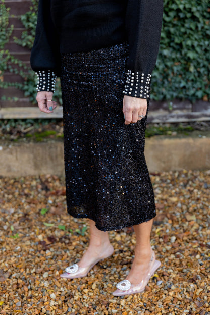 Sequin Pencil Skirt - Black