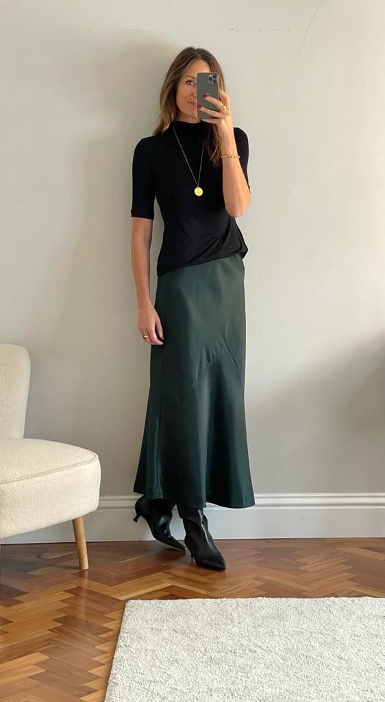 Longer length Satin Slip Skirt - Scarab Green