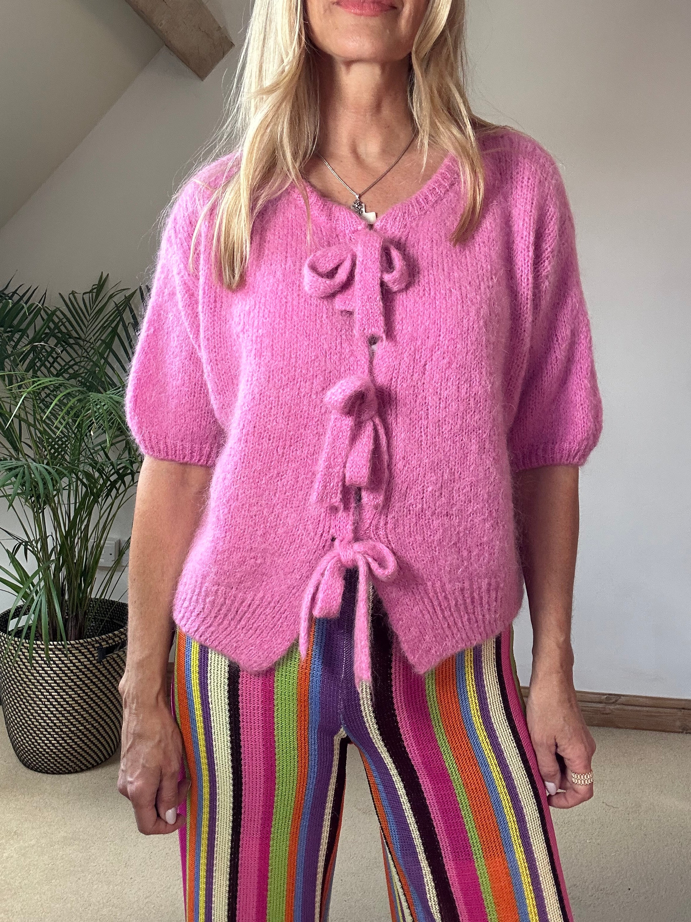 Tie Front Mohair Short Sleeve Cardigan