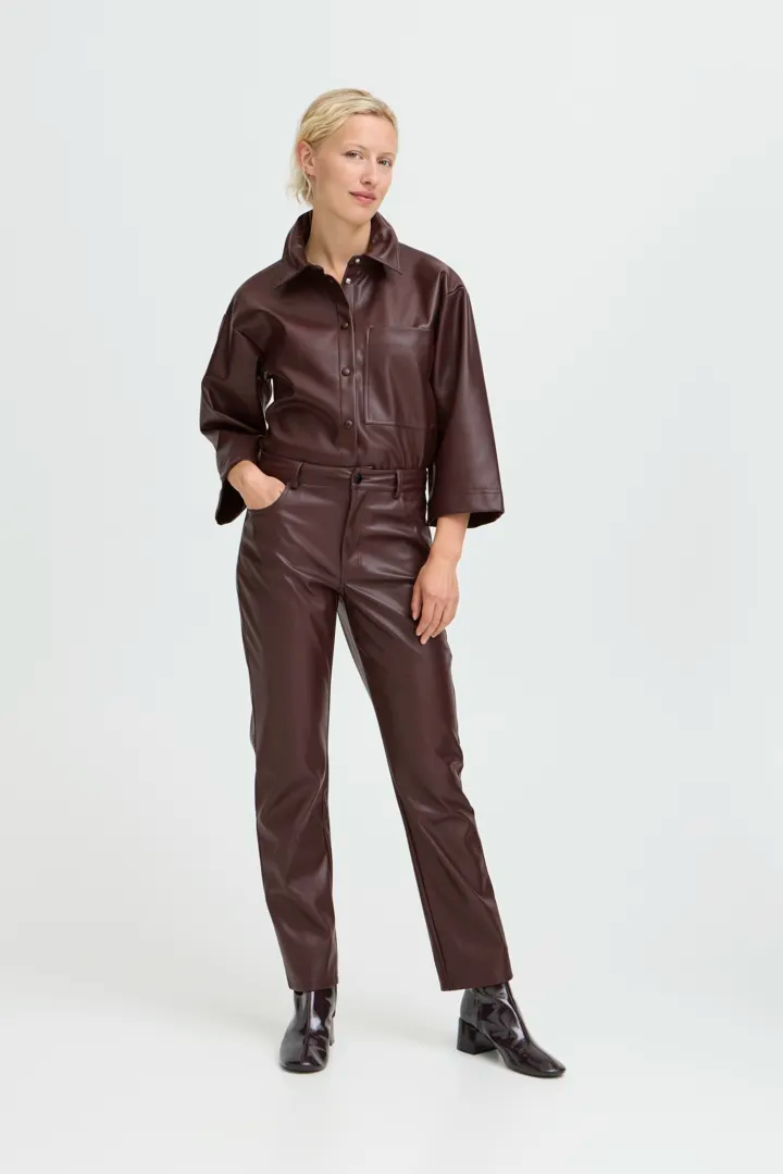 Burgundy Faux leather Straight Leg Trousers
