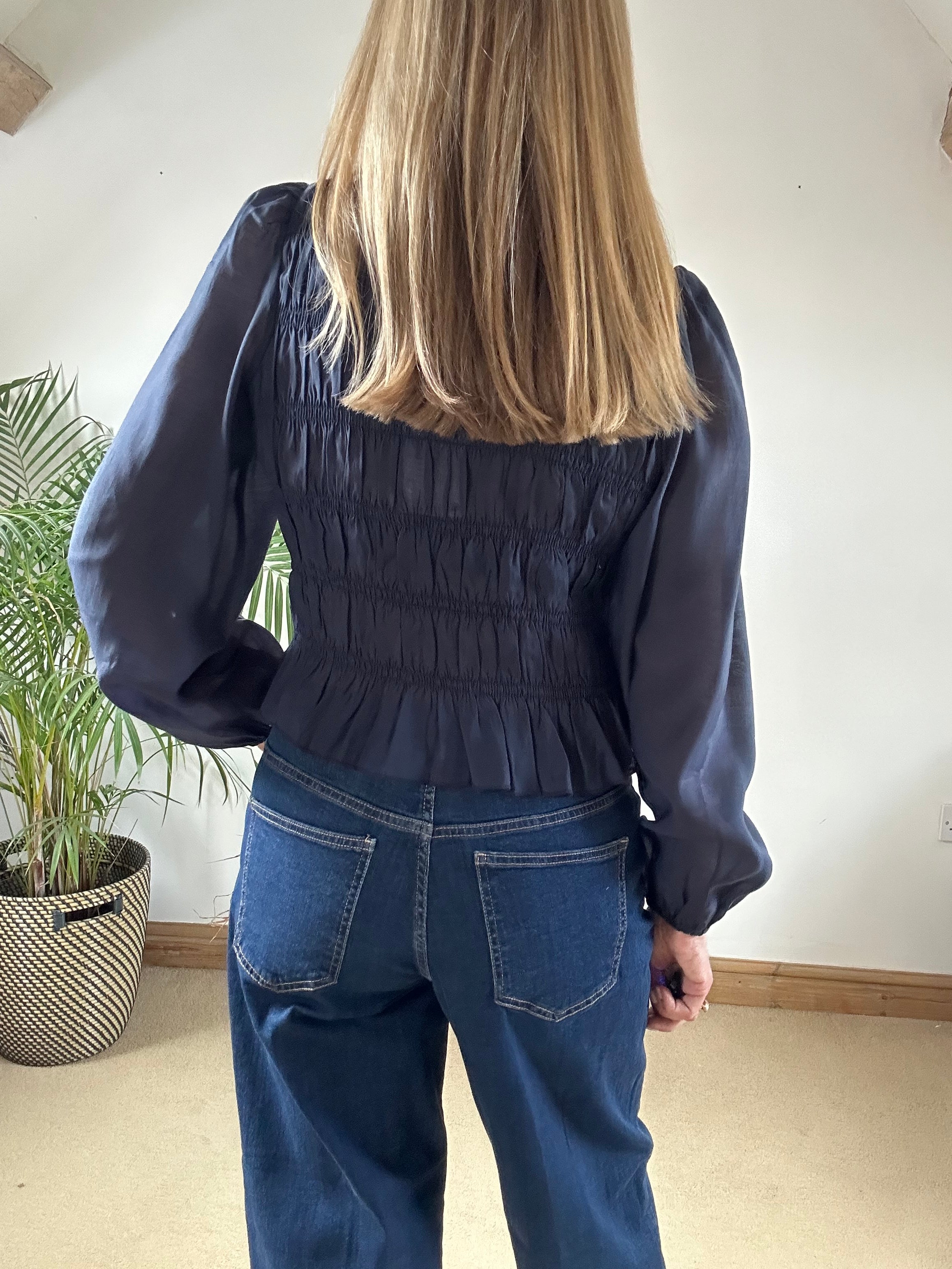 Navy Smocked Blouse With Sheer Sleeves