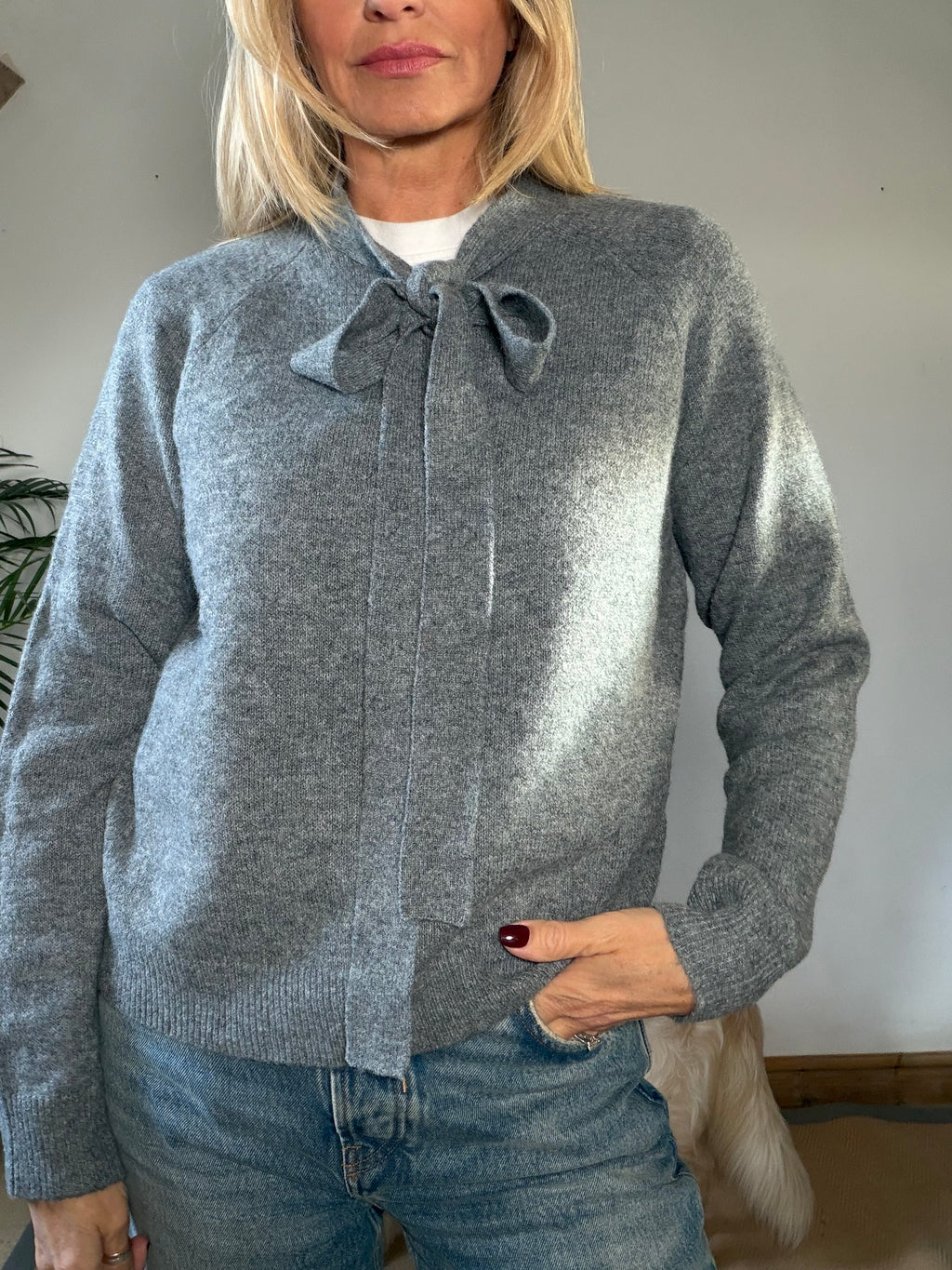 Grey Tie Neck Jumper