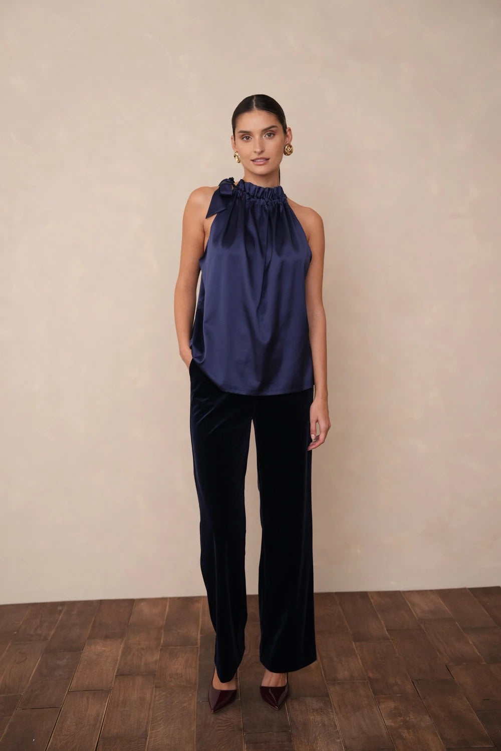 Satin Cut Out Shoulder Top - Navy