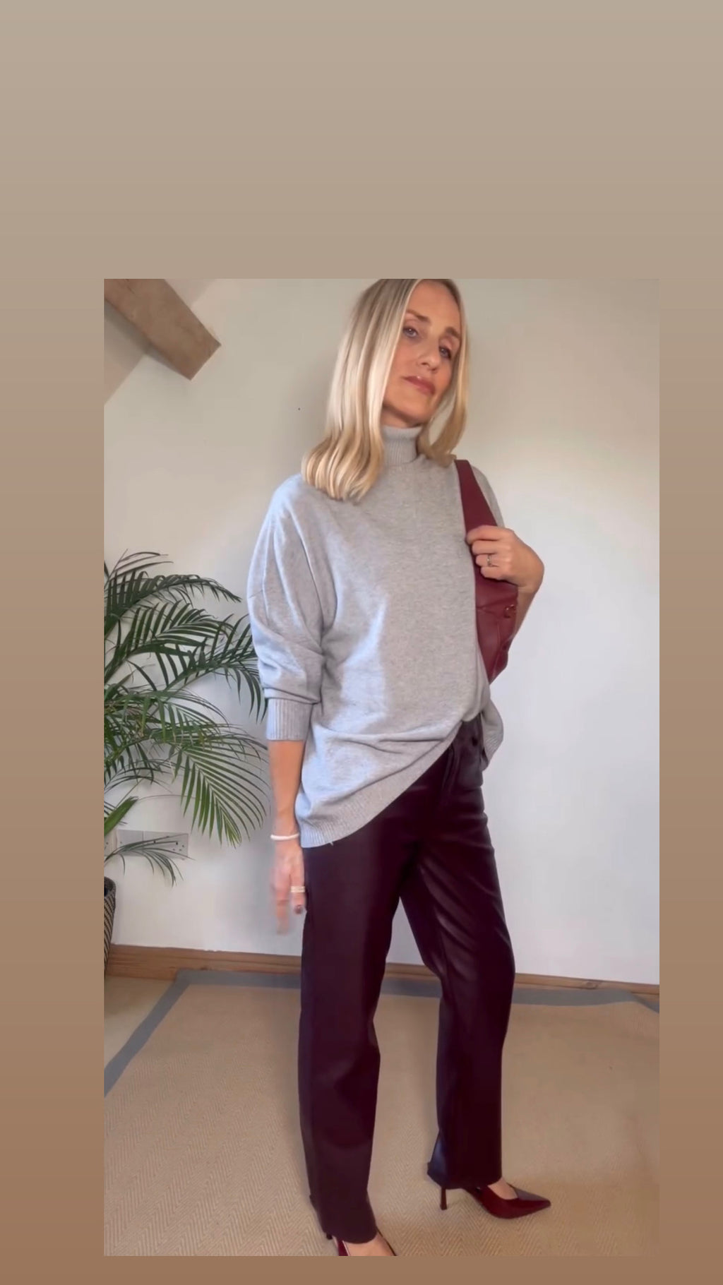 Burgundy Faux leather Straight Leg Trousers