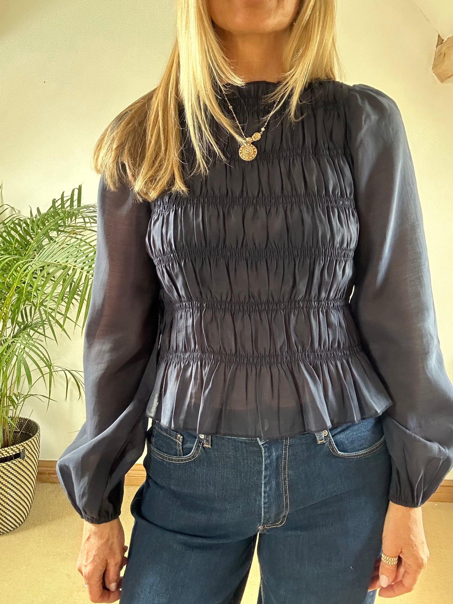 Navy Smocked Blouse With Sheer Sleeves