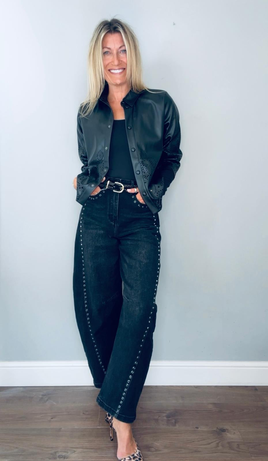 Faux Leather Laser Cut Shirt