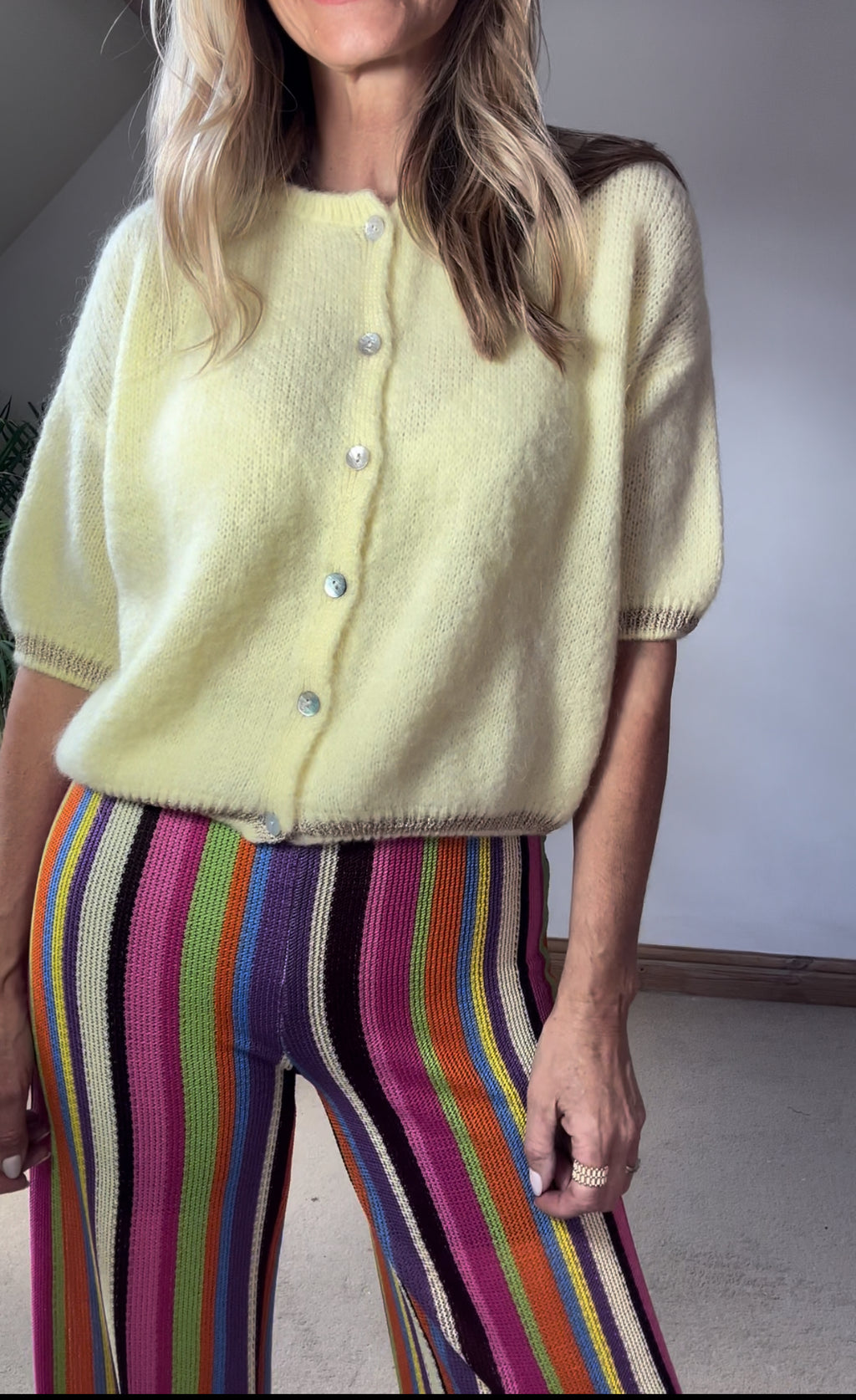 Short Sleeve Mohair Cardigan With Gold Lurex Details