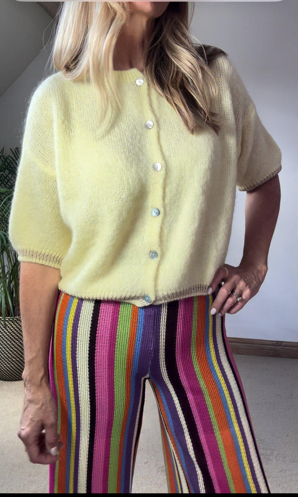 Short Sleeve Mohair Cardigan With Gold Lurex Details