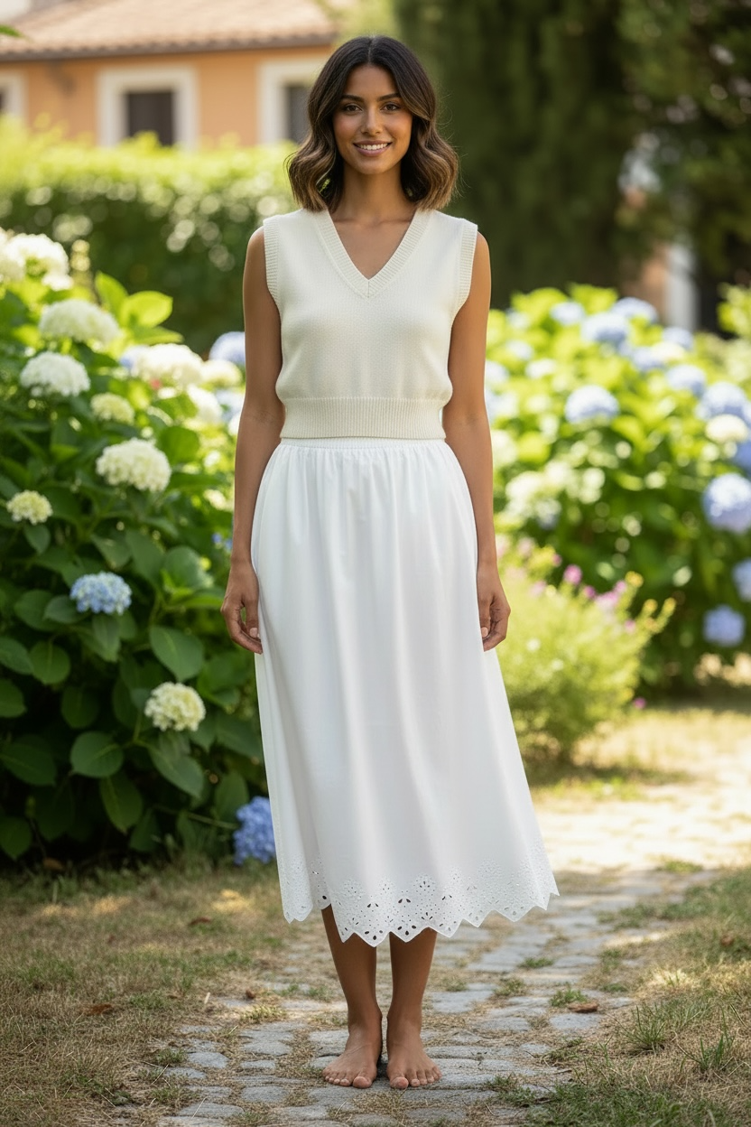 White Cotton Skirt with Scalloped Hem