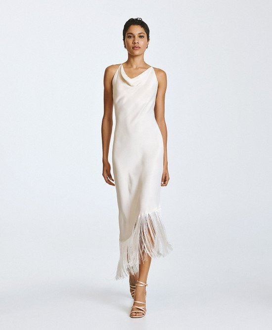Satin Midi Dress with Fringing