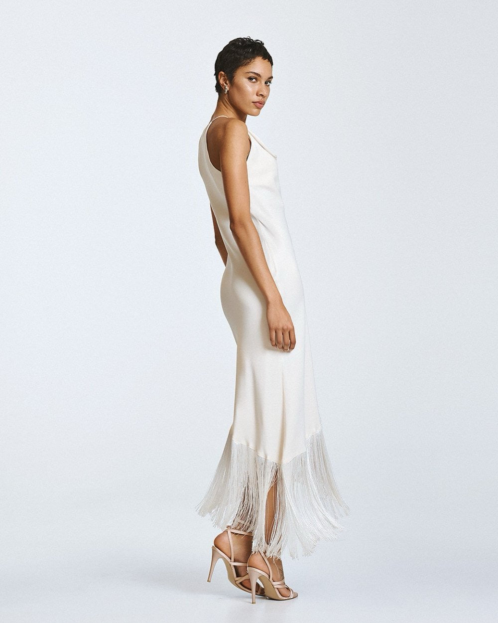 Satin Midi Dress with Fringing