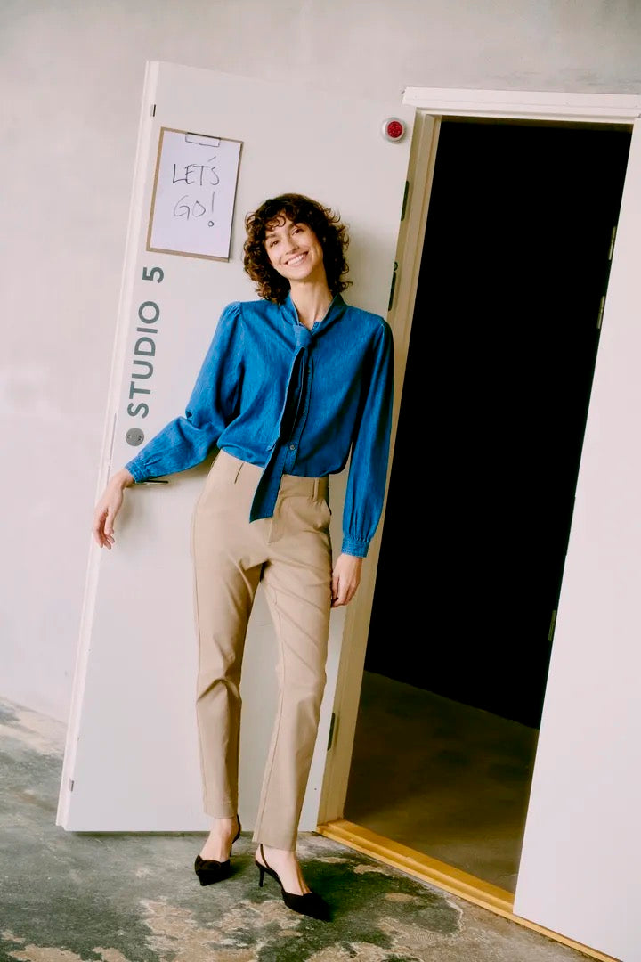 Pussy Bow Denim Blouse