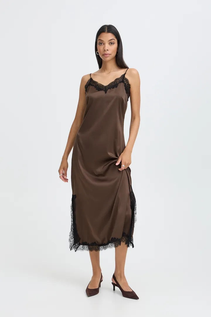 Brown Satin and Lace Slip Dress