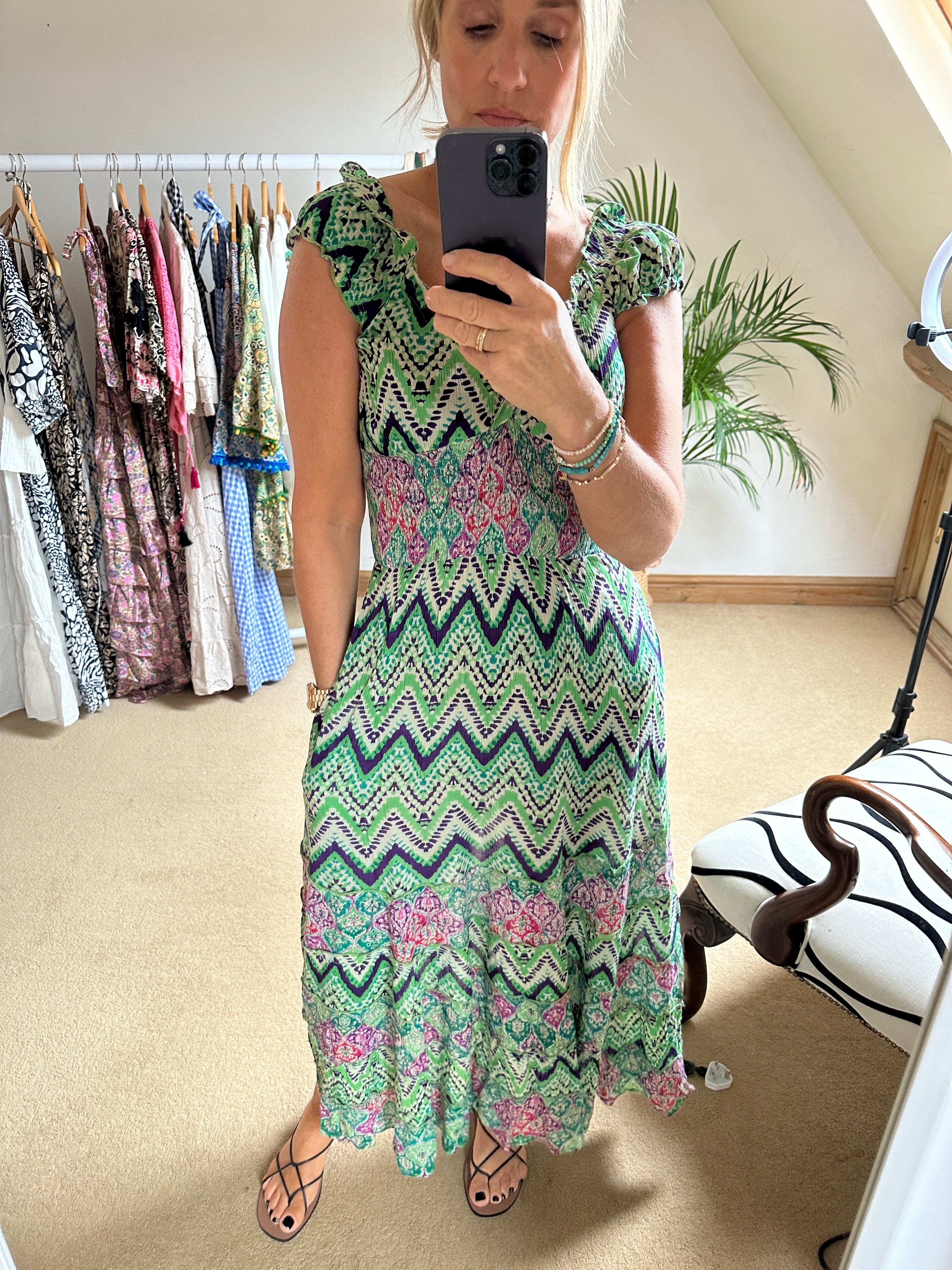 Green and Purple zig zag dress